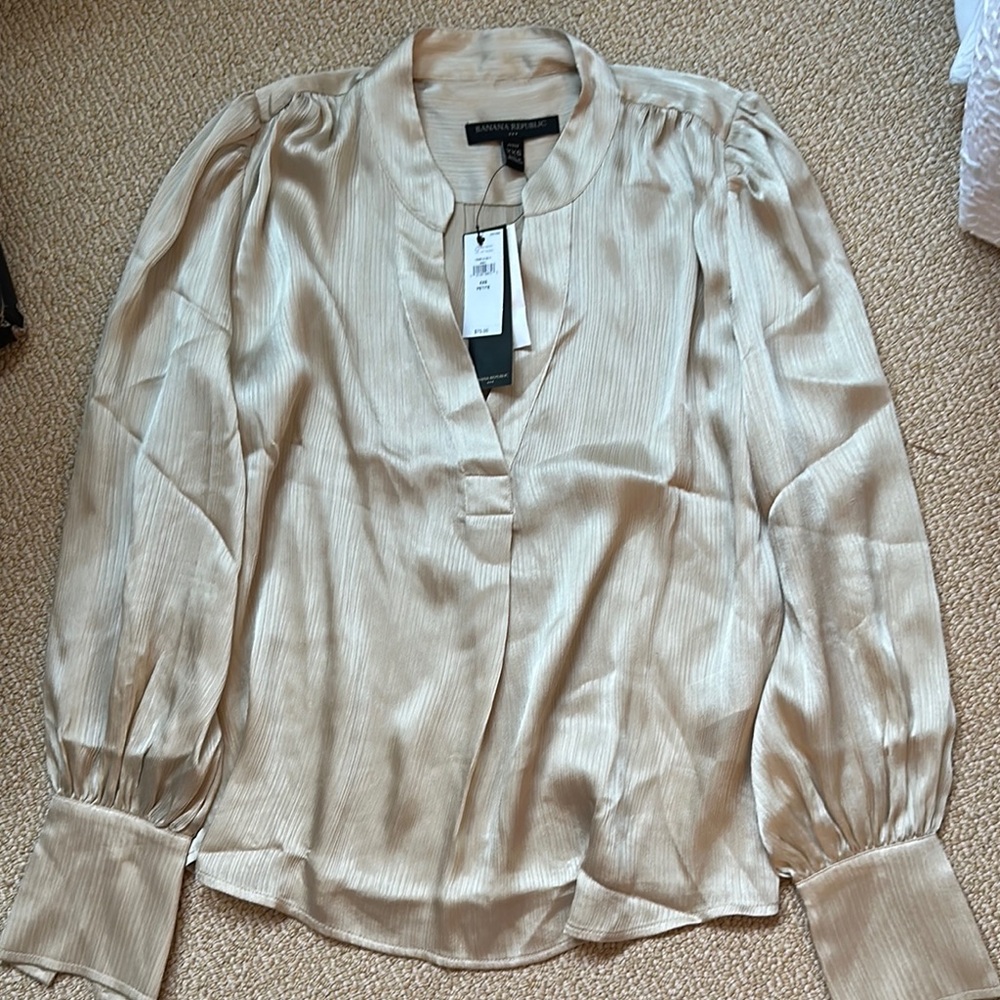 Banana Republic Tan Blouse with Bishop Sleeves and Mandarin Collar